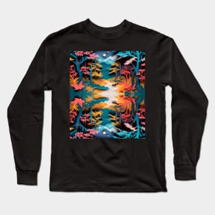 Paper cut drawing of a forest with a wolf Long Sleeve T-Shirt